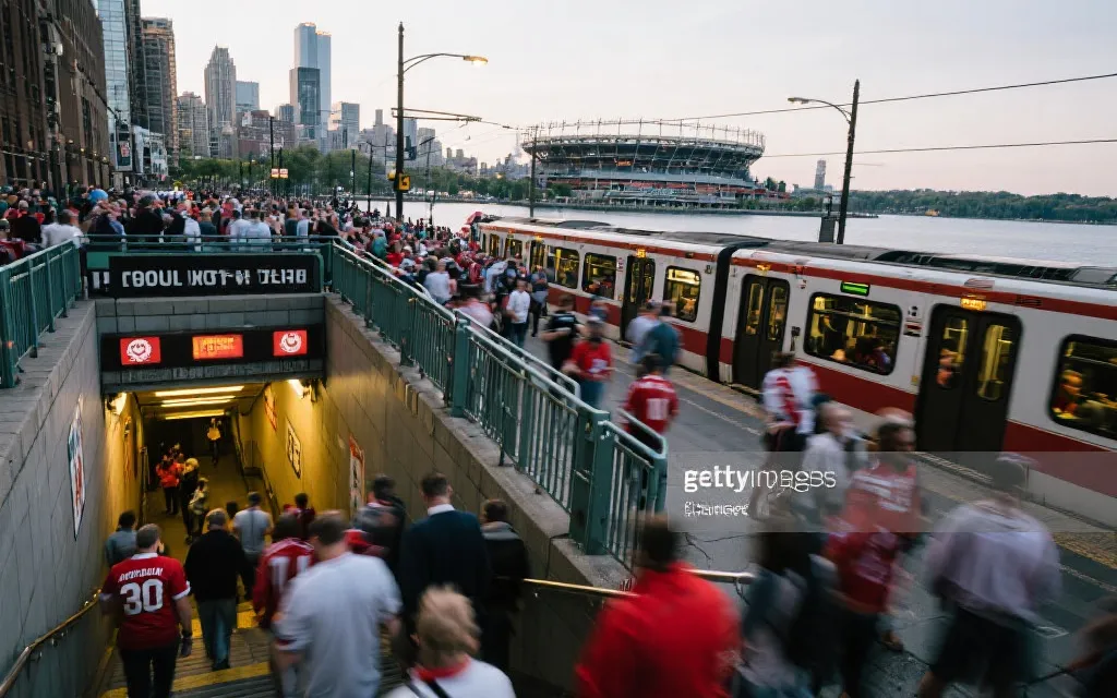 世界杯比赛日球迷从地铁与有轨电车前往球场的城市动线场景，纪实摄影风