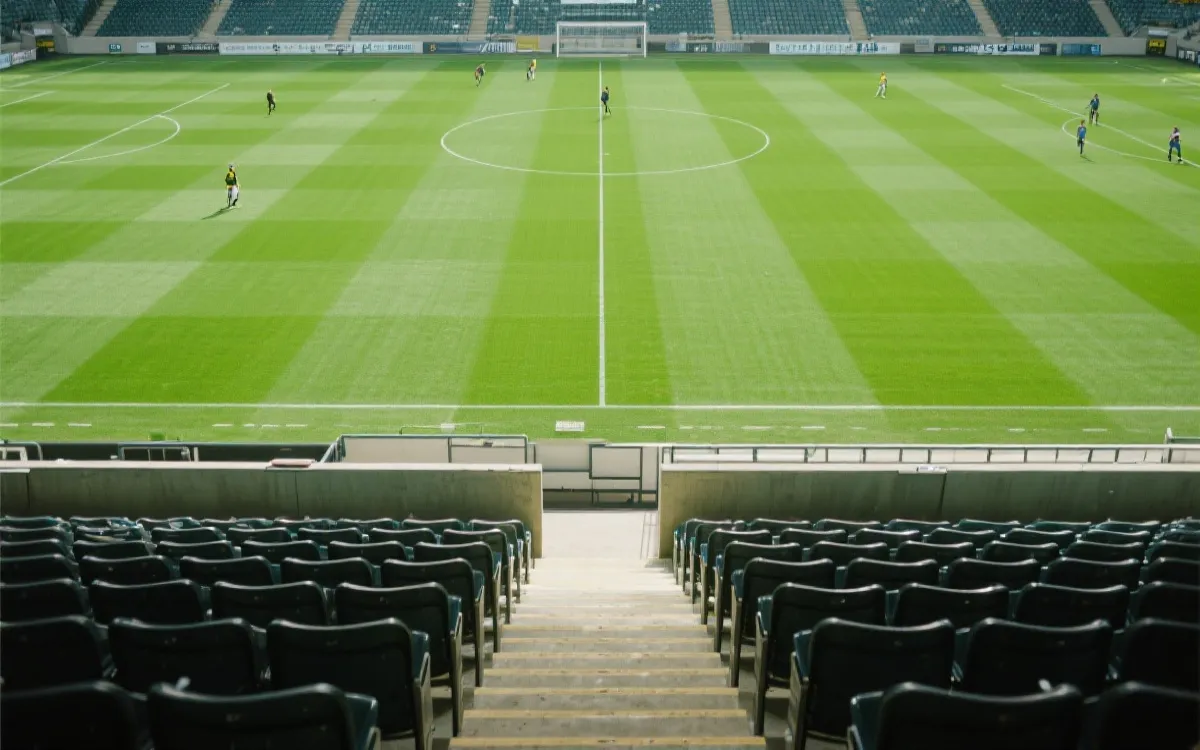 球场长边看台视角的摄影构图示意，草坪与球员动线