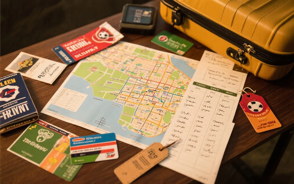 多城观赛行程规划桌面，包含公交卡、城市地图、球票与家庭行李